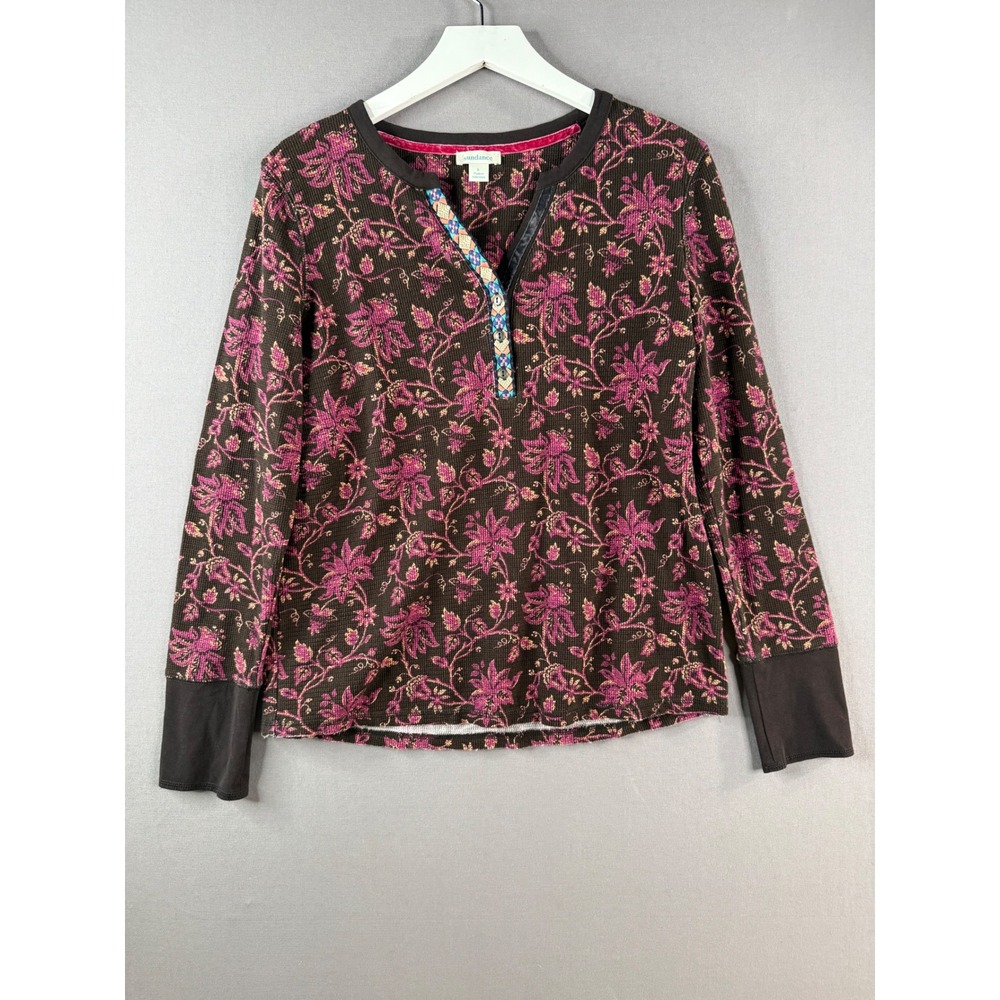 Sundance Waffle Knit Henley Womens L Brown Floral Boho Thermal Fall Granola Girl
